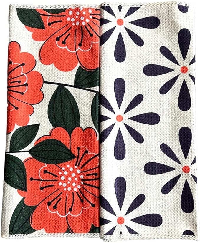 Desert Aqua 2 Pack Double Sided Kitchen Towels || Dish Towels || Quick Dry || Designer Prints || Highly Absorbent || Hanging Hook (Poppy)