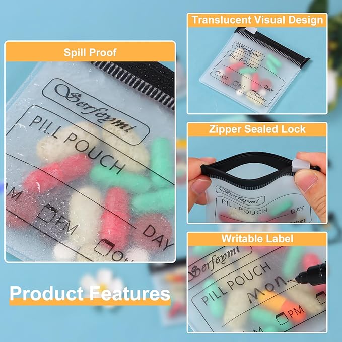 Serfeymi 72 Pcs Pill Pouch Bags for Travel Reusable Plastic Bags 3"x3" 12 mil (Double Sided) Translucent Zipper Pill Pouches for Medicine with Slide Lock & Writable Label, 1x Marker-White+Green+Black