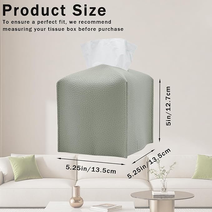 Hapforever 1PC Square Tissue Box Cover, PU Leather Square Tissue Box Holder with Bottom Belt Modern Tissue Box Organizer for Bathroom/Car/Hotel/Office (5.25”x5.25”x5”, Grey)