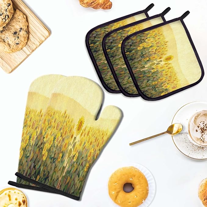 Sunflowers Oven Mitts and Pot Holders Set, Abstract Country Style Heat Resistant Oven Gloves - Comfortable and Easy to Clean - Perfect Kitchen Accessories for Durability and Style