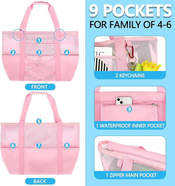 Fammart Mesh Beach Bag, Large Beach Tote with Zipper Pocket for Family Pool Bag for Toys & Vacation Essentials
