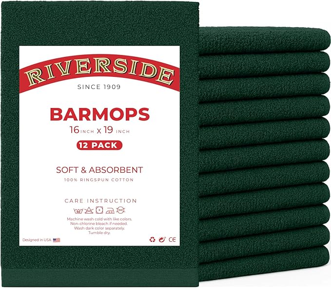 Riverside Bar Mop Towels Pack of 12, 16x19 Inches, 100% Ring Spun Cotton Terry Cloth Kitchen Towel, Highly Absorbent & Reusable Multipurpose Cleaning Rags for Bathroom, Hotel, Restaurant, Hunter Green