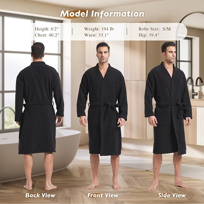FashGudim Terry Cloth Robes for Men Big and Tall Short Mens Kimono Robe Super Absorbent Spa Bathrobe Calf Length With Pockets