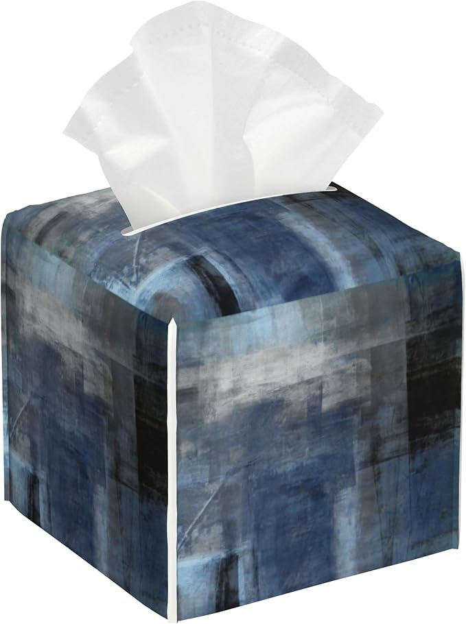 Blue and Brown Art Painting Tissue Box Cover,Abstract Boho Art Waterproof Leather Square Tissue Box Cover Case Facial Paper Organizer Dispenser Box Holder for Home Office Bathroom Vanity Countertop