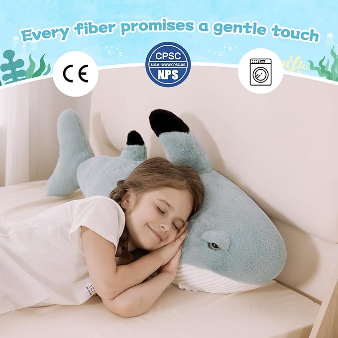 Tezituor 32inches Shark Stuffed Animals, 2.6ft Large Gray Stuffed Shark Plush Body Pillow for Girls Boys, Realistic Ocean Plush Toy Birthday Valentine's Day Decora Gift for Adults