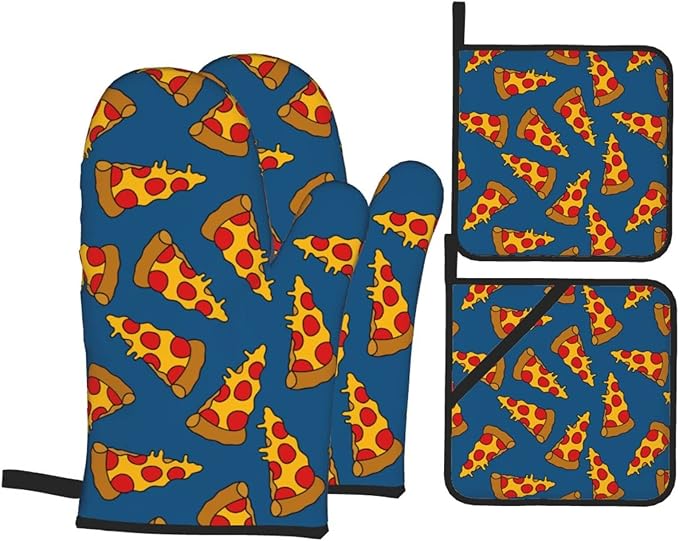 Cute Pizza Oven Mitts and Pot Holders Set of 4, Oven Mittens and Potholders Heat Resistant Gloves for Kitchen Cooking Baking Grilling BBQ