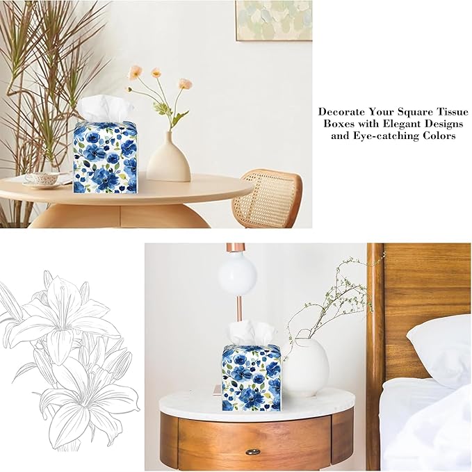 Blue Blooming Floral Flower and Plants Tissue Box Cover Square Leather Tissue Holder Waterproof Facial Paper Organizer Dispenser Cube Paper Cover Case for Home Office Bathroom Vanity Countertop