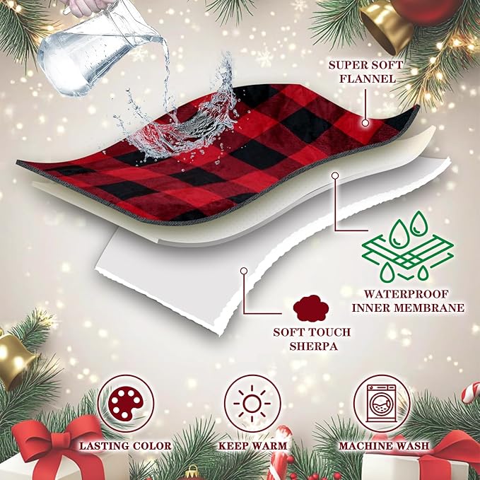 Qeils Dog Blankets for Small Dogs, Waterproof Dog Blanket Washable, Soft Sherpa Fleece Puppy Blanket for Kitten Doggy, Warm Cat Blankets for Indoor Cats, 30"X40", Red Christmas Checker