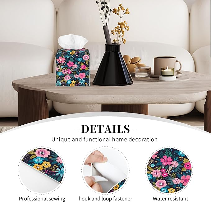 POIUBLE Tissue Box Holder Colorful Flowers Tissue Box Cover Square Leather Tissue Holder Organizer Portable Decorative Facial Paper Case for Home Office Bathroom Vanity Countertop
