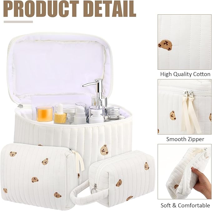 Paterr Makeup Bag Set 3 Pcs Large Quilted Cotton Make up Bags for Women Cosmetic Travel Toiletry Organizer Pouch Cute Aesthetic Storage Purse(White,Little Bear)