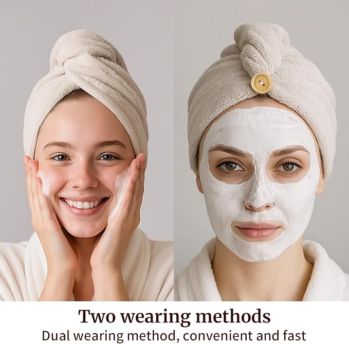 HFZRZFH 3 Pack Plush Yarn Hair Towel Wrap for Women, Super Absorbent & Quick Drying Turban, Anti Frizz Head Towel for Long, Thick, Curly Hair with Secure Button
