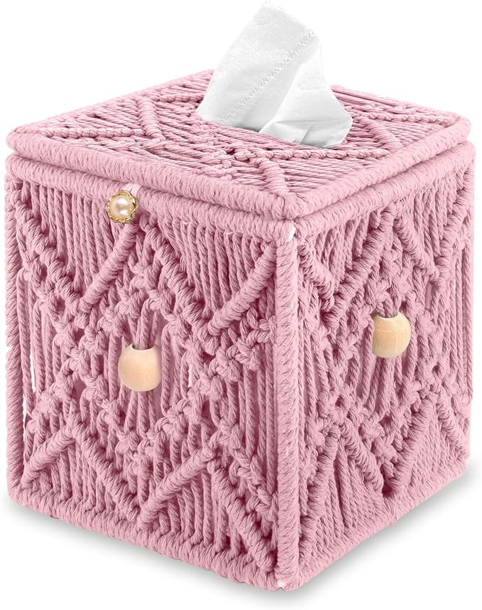 KaloKalo Handmade Tissue Box Cover Decorative Macrame Boho Square Tissue Holder Cotton Rope Woven Napkin Facial Paper Organizer Bohemian Desk Storage Container with Buckle Wood Beads (Pink)