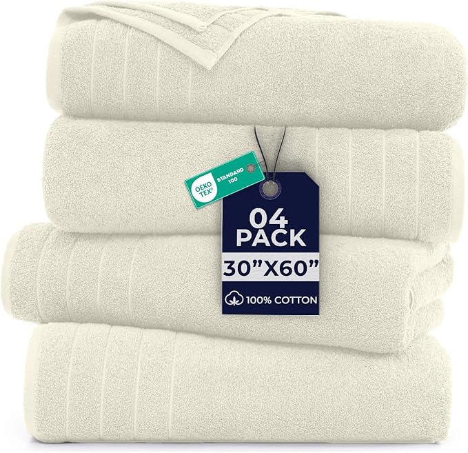 DAN River Extra Large Bath Towels Set of 4, 30 x 60 Inches - 100% Cotton Larger & Lighter Weight Towels for Bathroom - Quicker to Dry, Super Soft & Highly Absorbent Towels for Home, Ivory