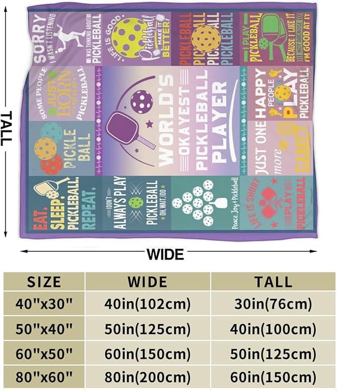 wsradto Pickleball Blanket Gifts for Pickleball Lover Throw Blanket Bedding Cozy Fleece Flannel Lightweight Stuff Plush for Men Women Boys Adults Fans Players for Couch Sofa Bed Home Decor 50"x60"