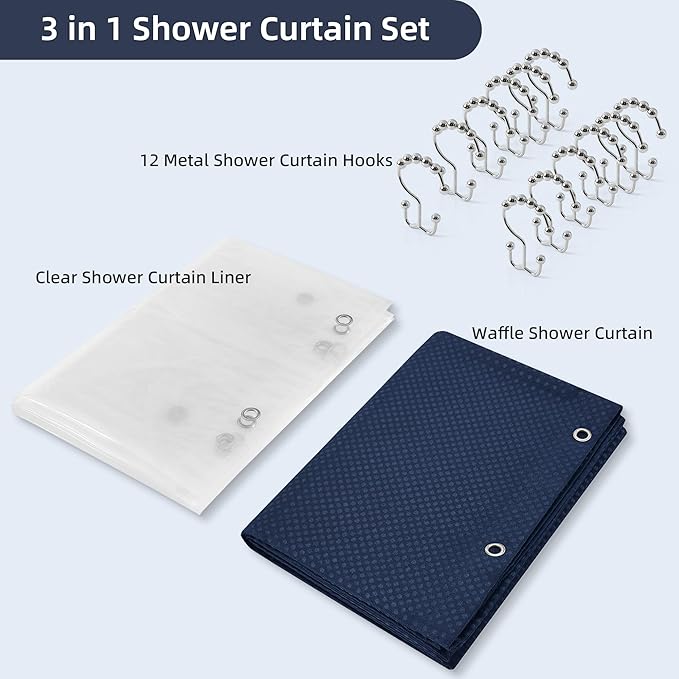 Lameirose Shower Curtain and Liner Set, 3 in 1 Waffle Shower Curtain Set with 12 Double Sided Shower Curtain Hooks, Fabric Shower Curtains for Bathroom, Navy Blue, 72 x 72