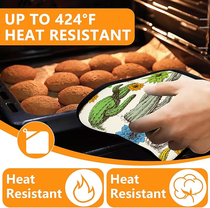 Cactus Flower Oven Mitts and Pot Holders Sets 4Pcs,Extra Long Oven Gloves Potholder for Kitchen Cooking Baking BBQ 100% Cotton Heat Resistant