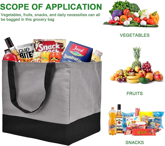 CNaiyunpin 3 Pack Canvas Reusable Grocery Bags Heavy Duty, 8.3 gal Foldable Large Tote Bag with Handles, Holds 60 lbs Canvas Shopping Bags & Washable Eco-friendly Bags with 5 Pockets, Grey+Black