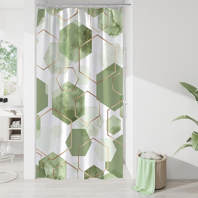 Litabel Modern Small Stall Shower Curtain for Bathroom, Sage Green Geometric Art Decor Waterproof Bath Curtain, Abstract Fabric Shower Curtain Sets for Home Decor, 36x72 Inch
