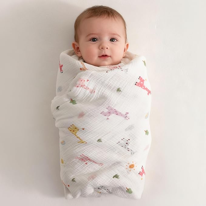 NTBAY 4 Layer Muslin Cotton Toddler Blanket, 42x60 Soft and Breathable Receiving for Newborns and Infants, Perfect for Crib, Stroller, Travel, Lightweight Nursery Blanket, Cartoon Giraffe