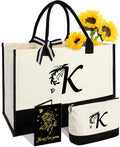 Personalized Gifts for Women - Initial Canvas Tote Bag & Makeup Bag, Custom Bags for Beach, Christmas, Wedding, Birthday, Holiday, Monogram Birthday Gifts for Women, Mom, Wife, Teacher, Friend - K