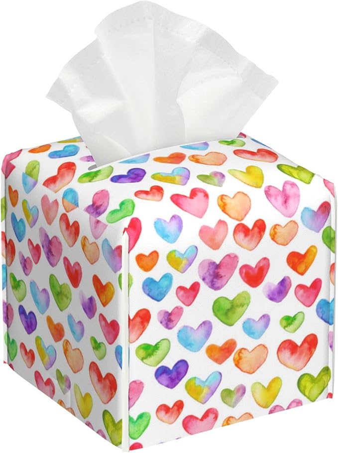 BLYKVGHQ Watercolor Square Tissue Box Cover Colorful Hearts Tissue Box Holder Facial Cube Paper Dispenser Leather Decorative Organizer Home Office Desk Decor, 5.2"x5.2"x5.2"