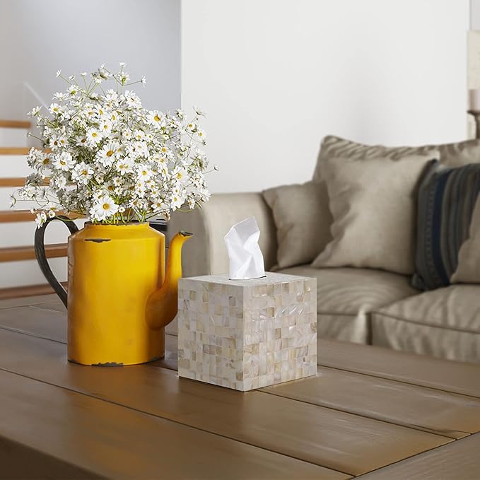 PEMAR 5.9″ Handmade Mother of Pearl Tissue Box Cover – Acacia Wood Cube, 5.35″ Interior Fits 5″ Square Boxes, Sliding Bottom, Pearly White Lacquer Rustic Farmhouse Decor