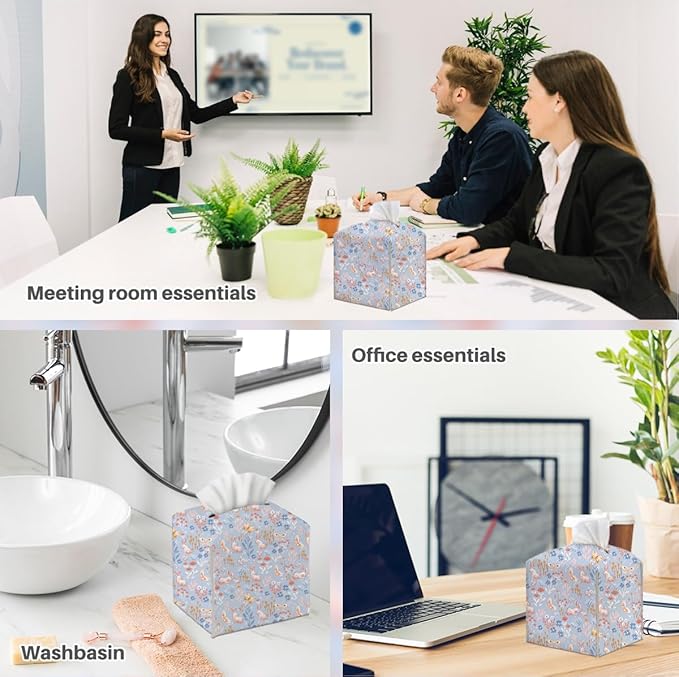 Tissue Box Cover, Tissue Box Holder, Square with Belt Bottom, PU Leather Decorative Organizer for Desk, Tabletop, Countertop Bathroom, Toilet Car, Office, Dresser, Rabbit Butterflyc Flower Decor
