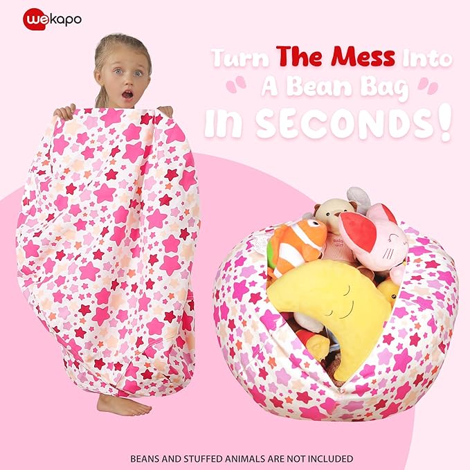 WEKAPO Stuffed Animal Storage Bean Bag Chair Cover for Kids | Stuffable Zipper Beanbag for Organizing Children Plush Toys Large Premium Cotton Canvas (Small Star, X-Large)
