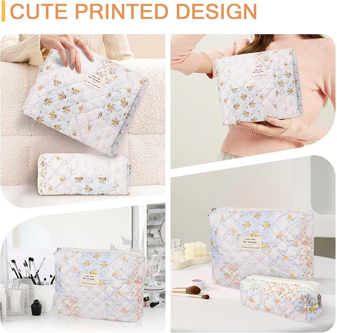 Gosect 2PC Makeup Bag Set, Cute Cosmetic Bag for Women Girls, Floral Coquette Aesthetic Toiletry Bag, Travel Make Up Organizer Bag (Folk Style)