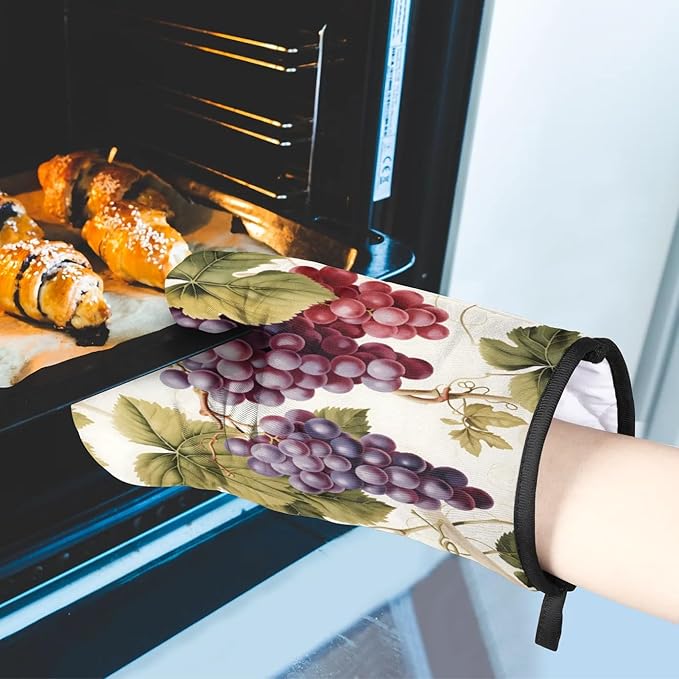 Vintage Grapes Vine Oven Mitts and Pot Holders Sets, 2 Pcs Decorative Kitchen Oven Glove for Cooking