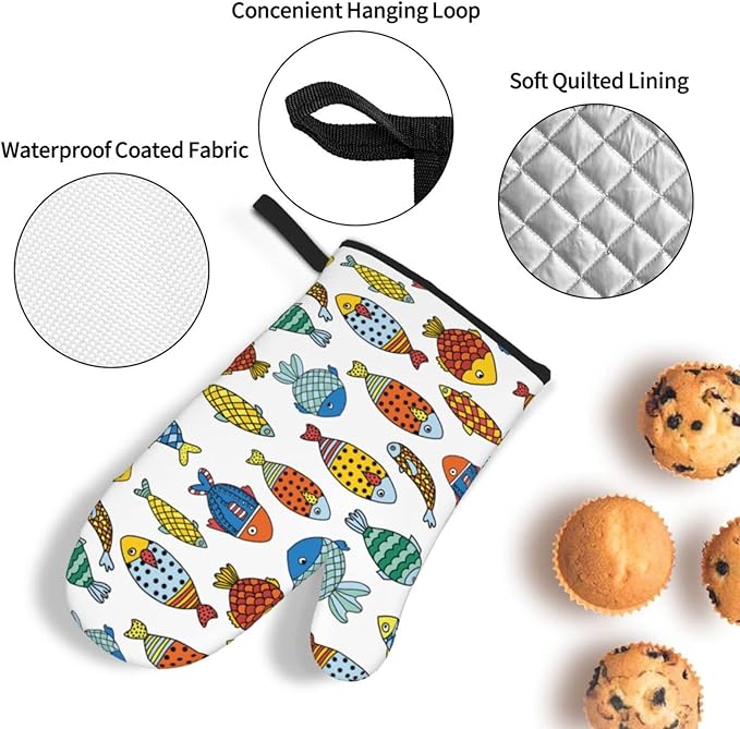 Colorful Fish Oven Mitts and Pot Holders Set of 4, Oven Mittens and Potholders Heat Resistant Gloves for Kitchen Cooking Baking Grilling BBQ