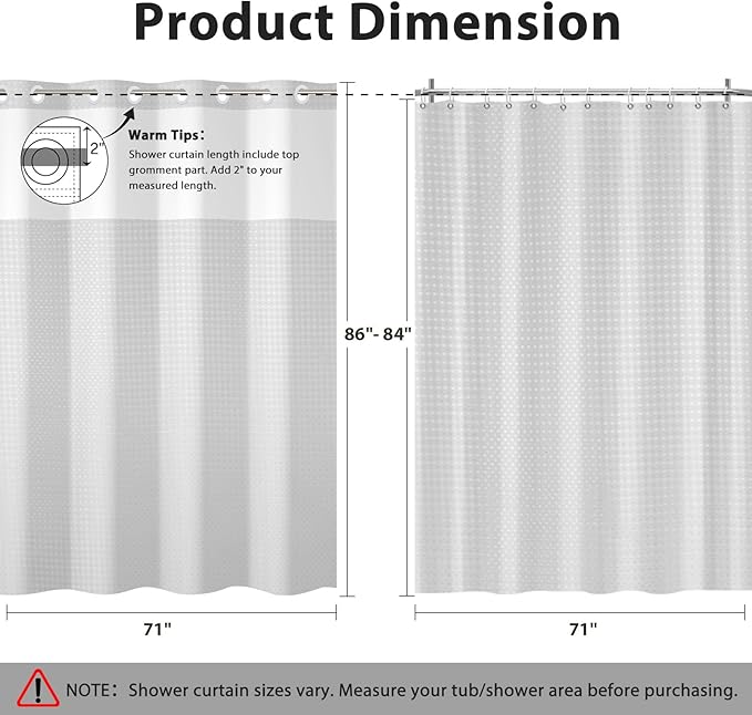 GICDSU No Hook Shower Curtain with Snap in Liner, Waffle Shower Curtain Set for Bathroom, Hotel Style with Semi-Sheer Top Window, Waterproof & Washable, Light Grey, 71" W x 86" L