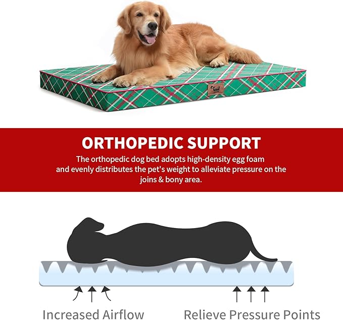 Tail Stories Outdoor Extra Large Dog Bed, Waterproof Dog Bed for Large Dogs, Egg Crate Foam XL Pet Bed with Removable Washable Oxford Cooling Cover, Christmas Plaid