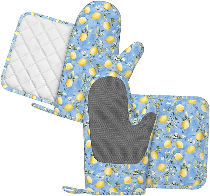 Oven Mitts Pot Holders Set Watercolor Lemon Flower Blue Silicone Kitchen Gloves Potholders Heat Resistant for Chef Baking Cooking Grilling BBQ 4 Pack Mitt