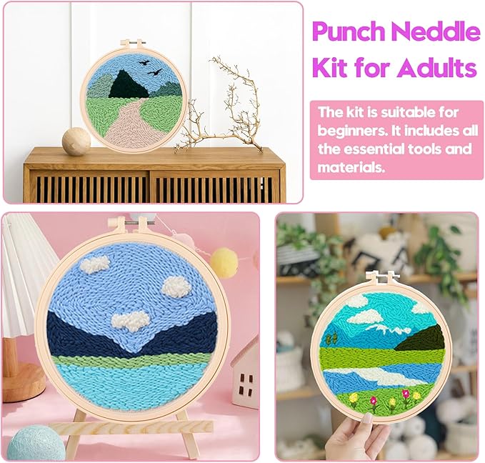 Cheloment 3 Sets Punch Needle Kits for Beginners,Includes Needles,Pattern Fabric,Yarns and Hoops, Needle Punch Kits for Adults&Kids,Easy to Learn,Stress Relief,Great for Home Decor