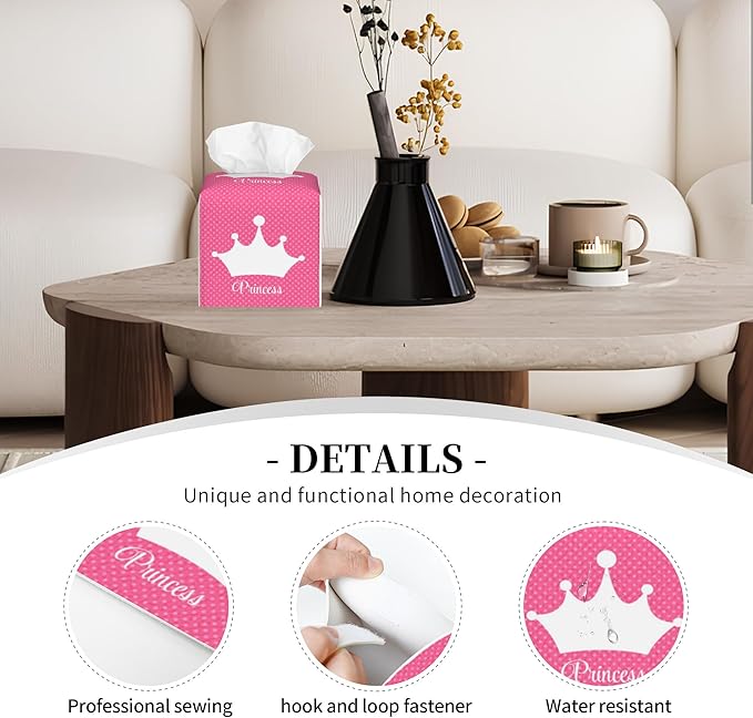 POIUBLE Leather Tissue Box Holder Pink Princess Crown Tissue Box Cover Square Waterproof Tissue Holder Organizer Modern Napkin Holder for Bedroom Dresser Night Stand Office Desk