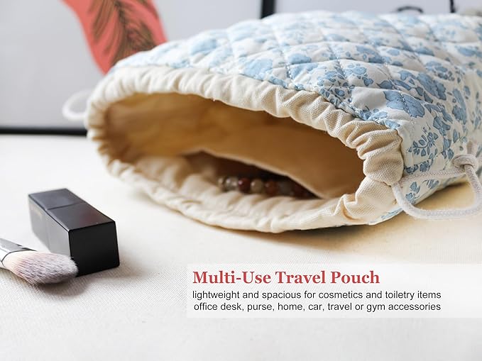 HAPPYHEIDI Floral Cotton Quilted Makeup Bag Set 2 Cosmetic Toiletry Travel Pouch w Pocket Purse Organizer 2-Size