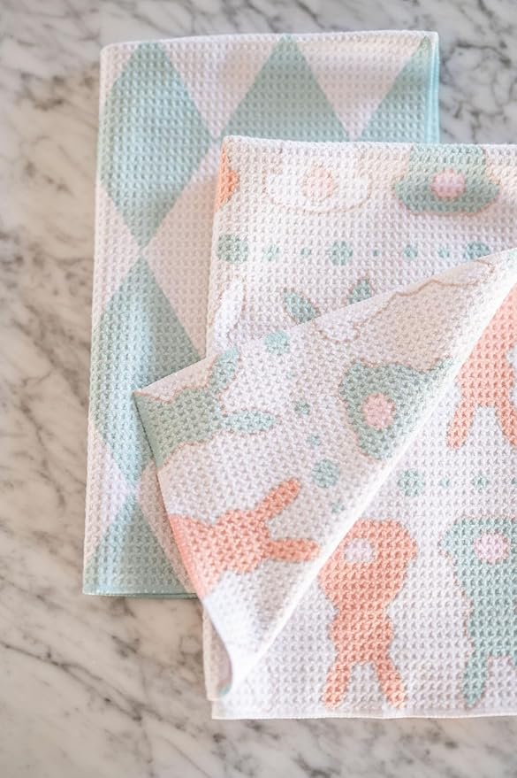 Desert Aqua || 2 Pack Double Sided || Not Your Ordinary Dish Towels || Waffle Weave Microfiber || Tea Towels || Highly Absorbent || Hanging Loop || Dish Cloths || Designer Prints || Easter Bunny