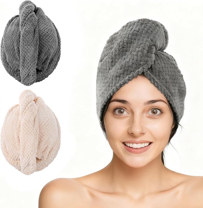 Azefnuhk 2 Pack Hair Towel Wrap for Women, Super Absorbent Quick Dry Hair Turban, Large Hair Drying Towel with Button for All Style Anti Frizz, Bathroom Must-Have for Ladies (Gray, Camel)