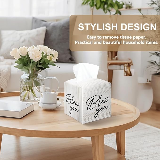 Bless You Tissue Box Cover Square, Decorative Tissue Box Holder for Bedroom Bathroom Kitchen Office Vanity Countertop, Leather Facial Paper Organizer Dispenser -06