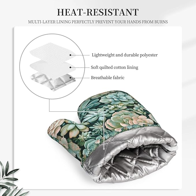 Heat Resistant Oven Mitts 2 Pack, 500°F Silicone Oven Gloves with Non-Slip Grip, Soft Quilted Cotton Lining for Baking, Grilling, BBQ, Cooking (Succulents)