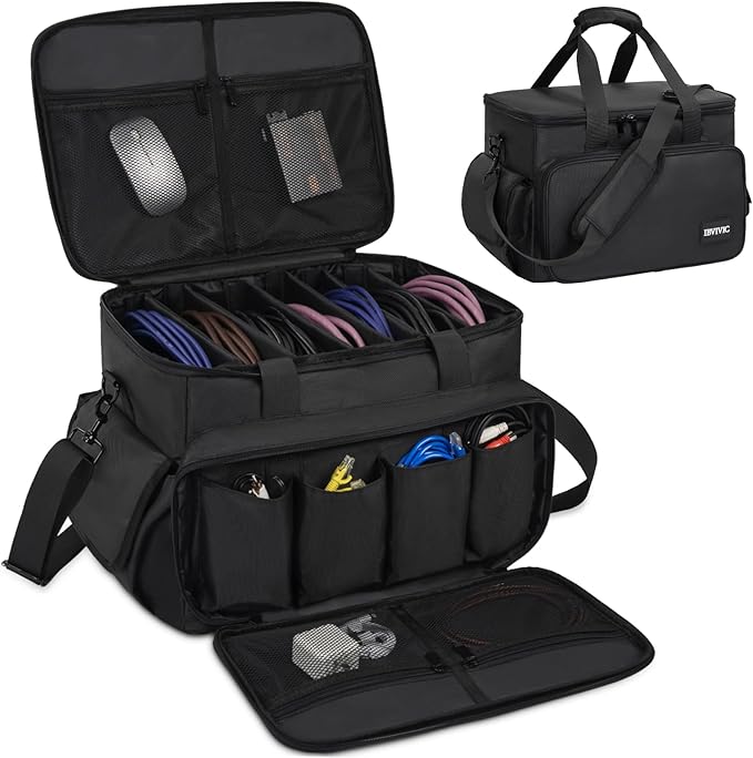 IBVIVIC Cable File Bag With Adjustable Dividers Dj Gig Bag for Cables, Cords,DJ Gear,Sound Instrument and Accessories 16L x 11W x 12H inch Black