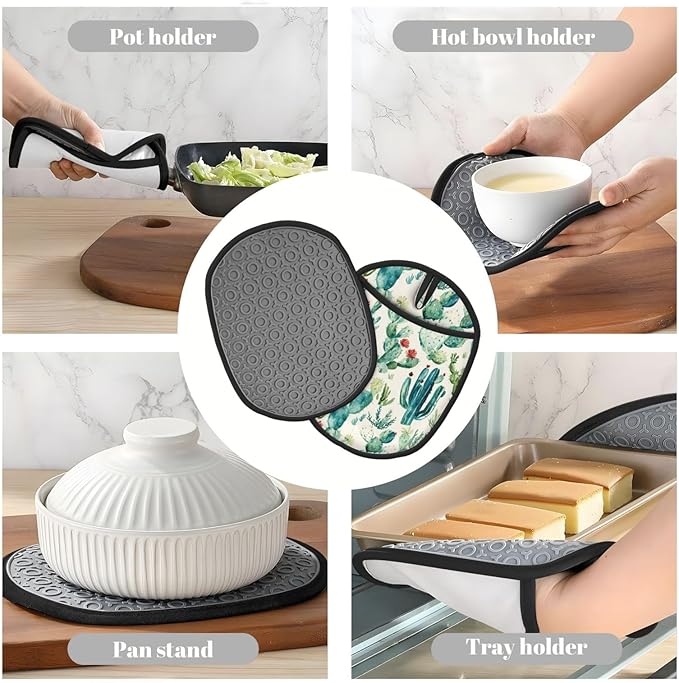 Pot Holders 2 Pack Silicone, Cotton Lining, Heat Resistant to 500°F (260°C), Non-Slip Grip, 7.5"x9.4" Oval Kitchen Hot Pads for Oven, Cooking (Cactus Flower, Potholders)