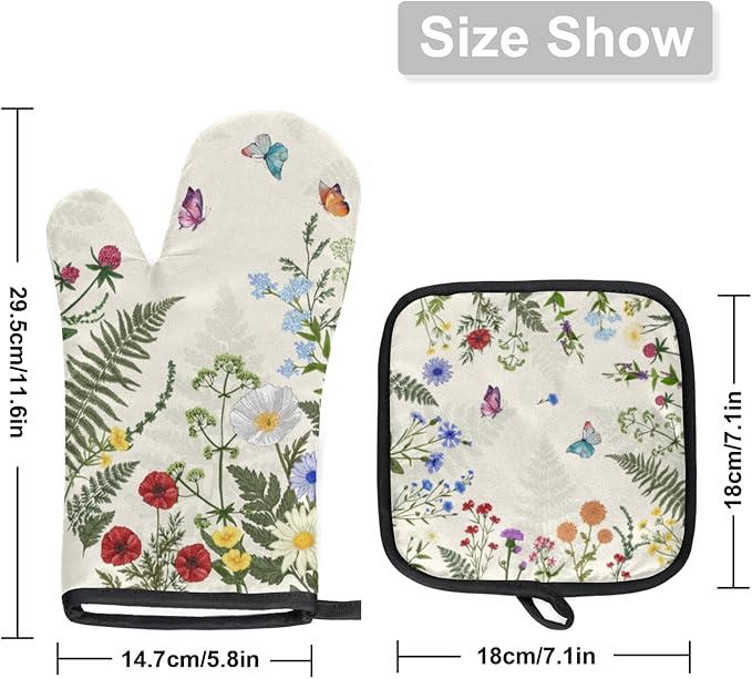 Floral Grass Oven Mitts and Pot Holders Sets 2Pcs - Heat Resistant Non Slip Long Spring Wildflower Kitchen Gloves Hot Pads for Cooking Baking Grilling Decoration