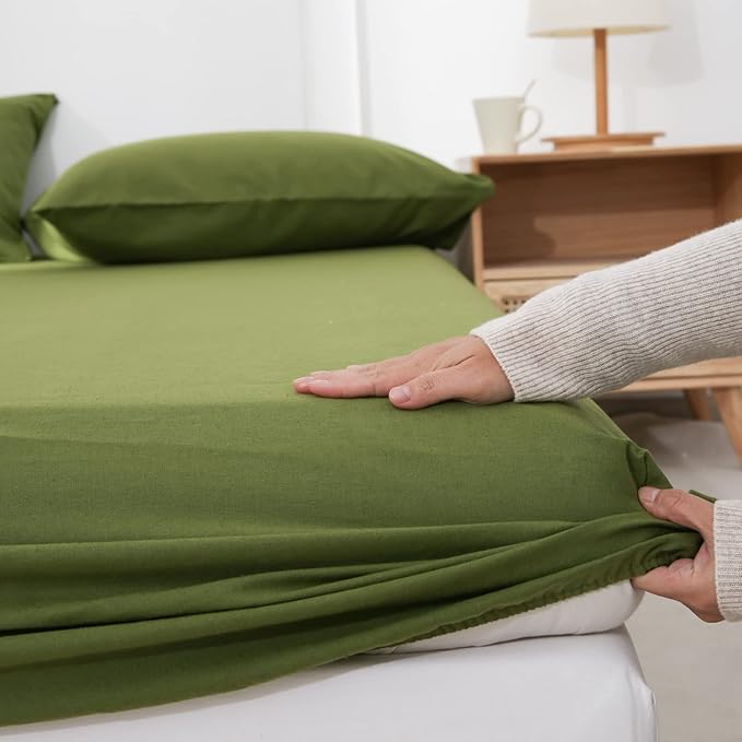 Simple&Opulence Belgian Linen Sheet Set Solid Color - 4 Pieces (1 Flat Sheet, 1 Fitted Sheet & 2 Pillowcases) Natural Flax Cotton Blend Soft Breathable Farmhouse Bedding - King Size, Forest