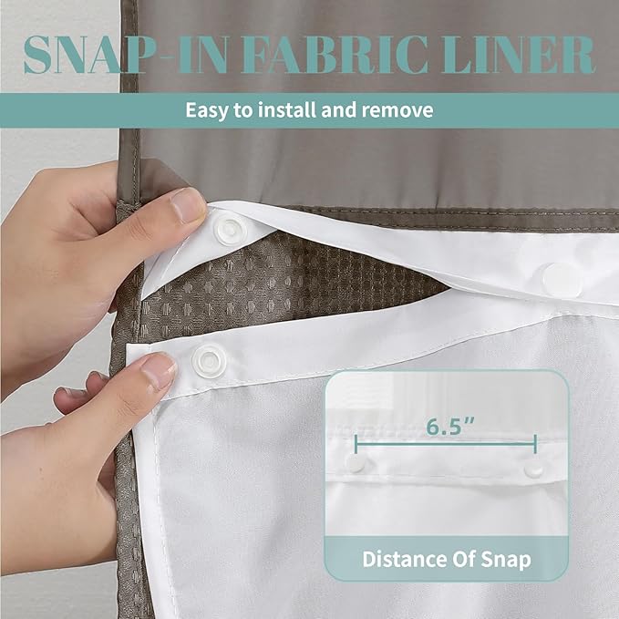 eachope Brown No Hook Waffle Weave Shower Curtain with snap-in Liner Replacement, 230GSM Waterproof Fabric Hotel Shower Curtain Set for Bathroom, Through Mesh Top Window,71Wx77H