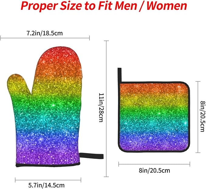 Colorful Rainbow Glitter Oven Mitts and Pot Holders Set of 4, Oven Mittens and Potholders Heat Resistant Gloves for Kitchen Cooking Baking Grilling BBQ