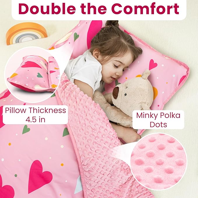 Beavtaens Toddler Nap Mat with Pillow and Minky Blanket, Large 55"x35" Sleeping Bag, Washable, Lightweight, Easy to Roll, Perfect for Preschool, Daycare, Kindergarten, Travel, Boys and Girls(Hearts)