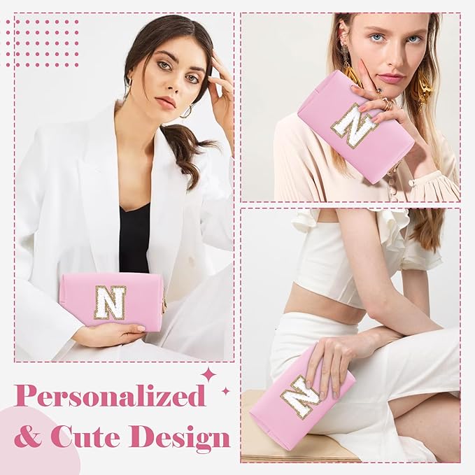 Personalized Initial A-Z Preppy Patch Makeup Bag,Small PU Chenille Letter Cosmetic Bag with Zipper for Teen Girls,Pink Cute Toiletry Organizer Bag,Monogram Makeup Case Gift for Women Girls,Letter N