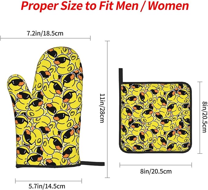 Funny Rubber Duck with Sunglasses Oven Mitts and Pot Holders 4 Pcs Set Oven Gloves and Potholders for Cooking Microwave BBQ Baking Grilling